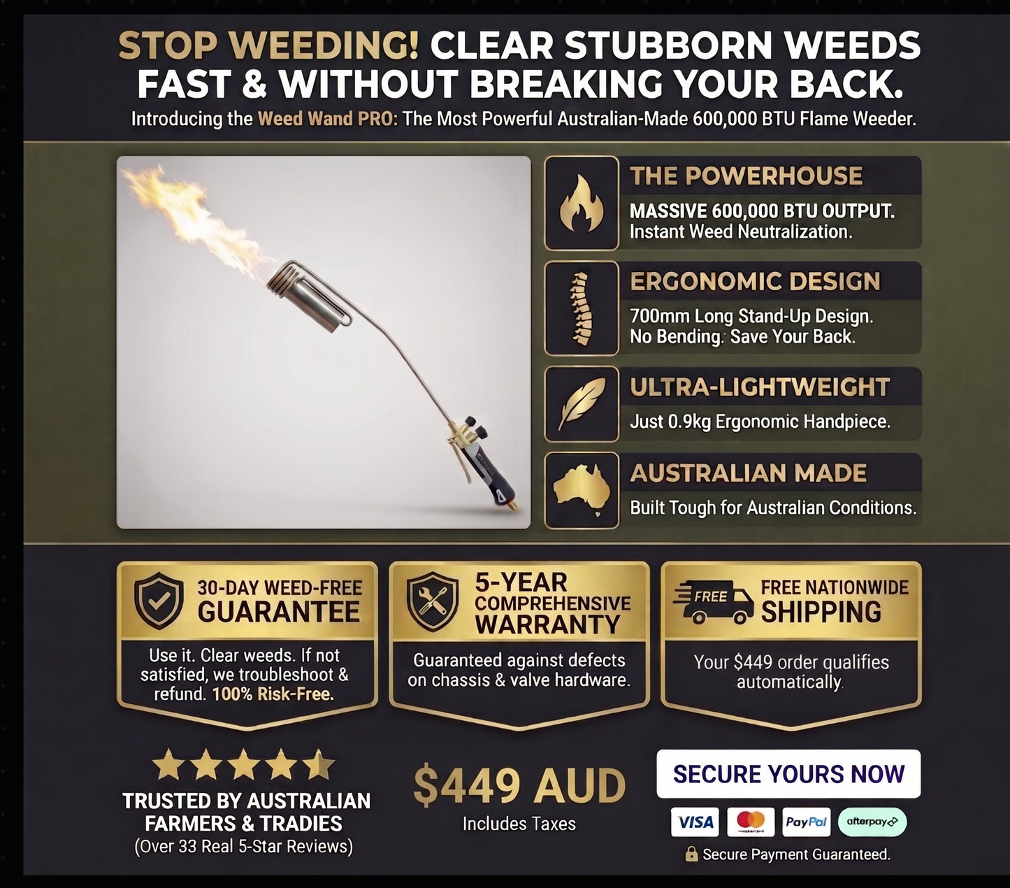 Weed Wand PRO specifications: 600,000 BTU, 0.9kg handpiece, Australian made