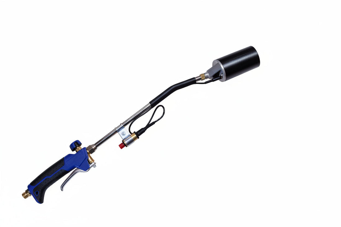 Curly's Ag flame weeder torch with self-ignition, used for chemical-free weed control