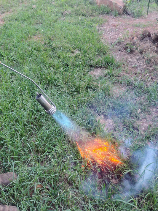 Flame weeder killing weeds at ground level without chemicals