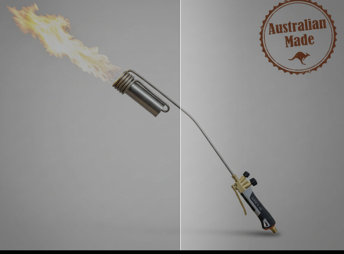 Australian made Weed Wand PRO flame weeder firing, shown against a studio background