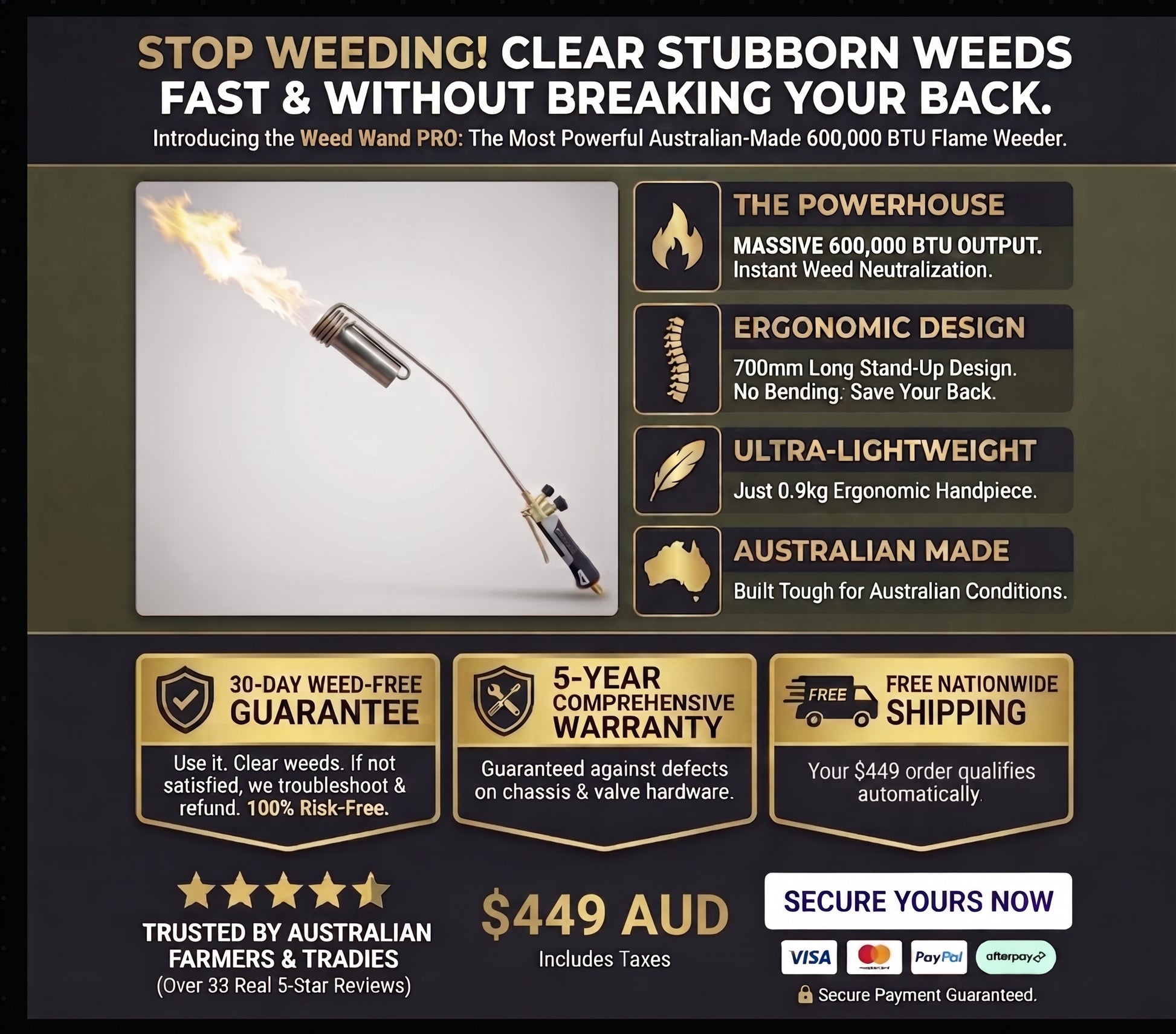 Weed Wand PRO specifications: 600,000 BTU, 0.9kg handpiece, Australian made