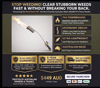 Weed Wand PRO specifications: 600,000 BTU, 0.9kg handpiece, Australian made