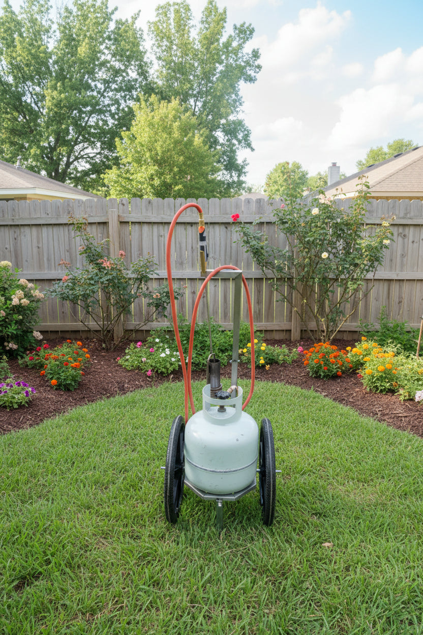 Stainless steel gas bottle trolley with 470mm wheels holding an LPG bottle and weed burner on a lawn