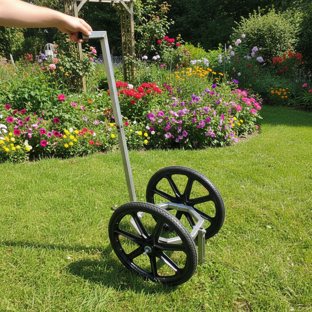 Stainless steel gas bottle trolley with 470mm all-terrain wheels being pushed one-handed across a lawn