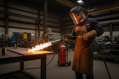 Tradesman using the PRO Series commercial flame weeder torch in a workshop