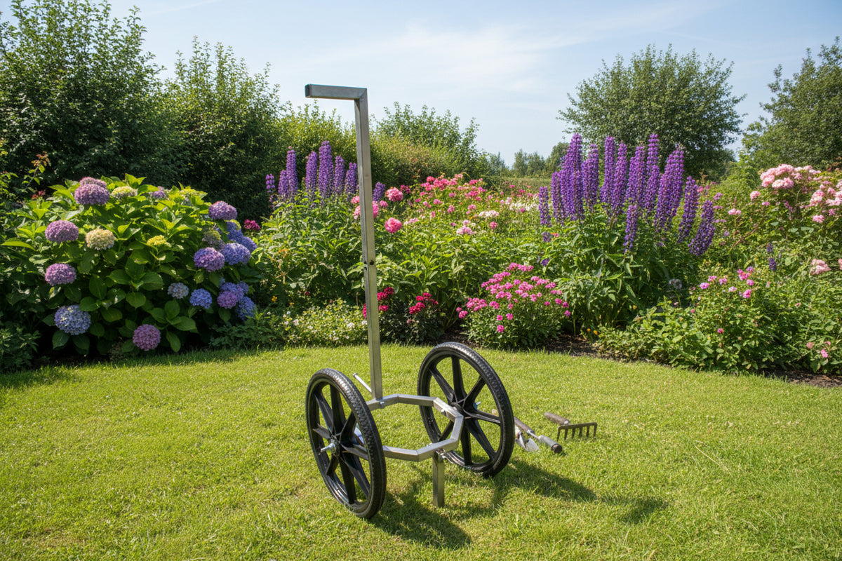 Stainless steel gas bottle trolley frame with two 470mm airless tyres, assembled from the four-piece flat-pack